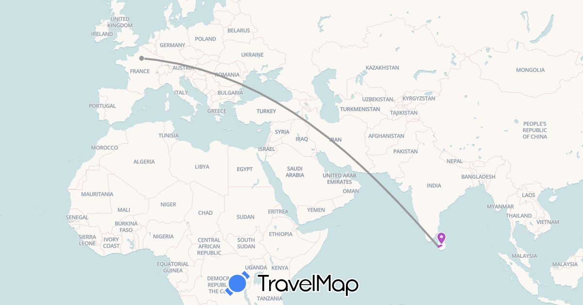 TravelMap itinerary: driving, plane, train in France, Sri Lanka (Asia, Europe)